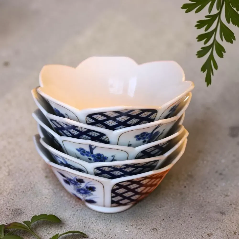 Set of 5 Blue White Porcelain Rice Bowls Floral Bamboo Geometric Scalloped Edge